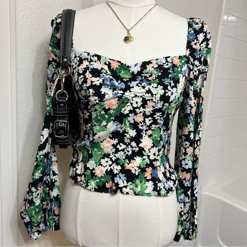 Floral long sleeve crop top black green pink blue cottage boho fairy spring